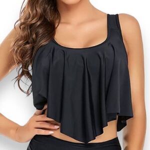 NWT Edelqual Tankini Swimsuits top black tank Women’s Ruffled Flounce Top medium